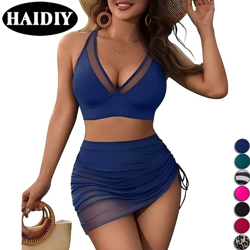 NEW Sexy Solid Prints Halter Lace Contrast Binding Cover up Two Piece Set Swimwear Custom Women Swimsuit Beach Skirt