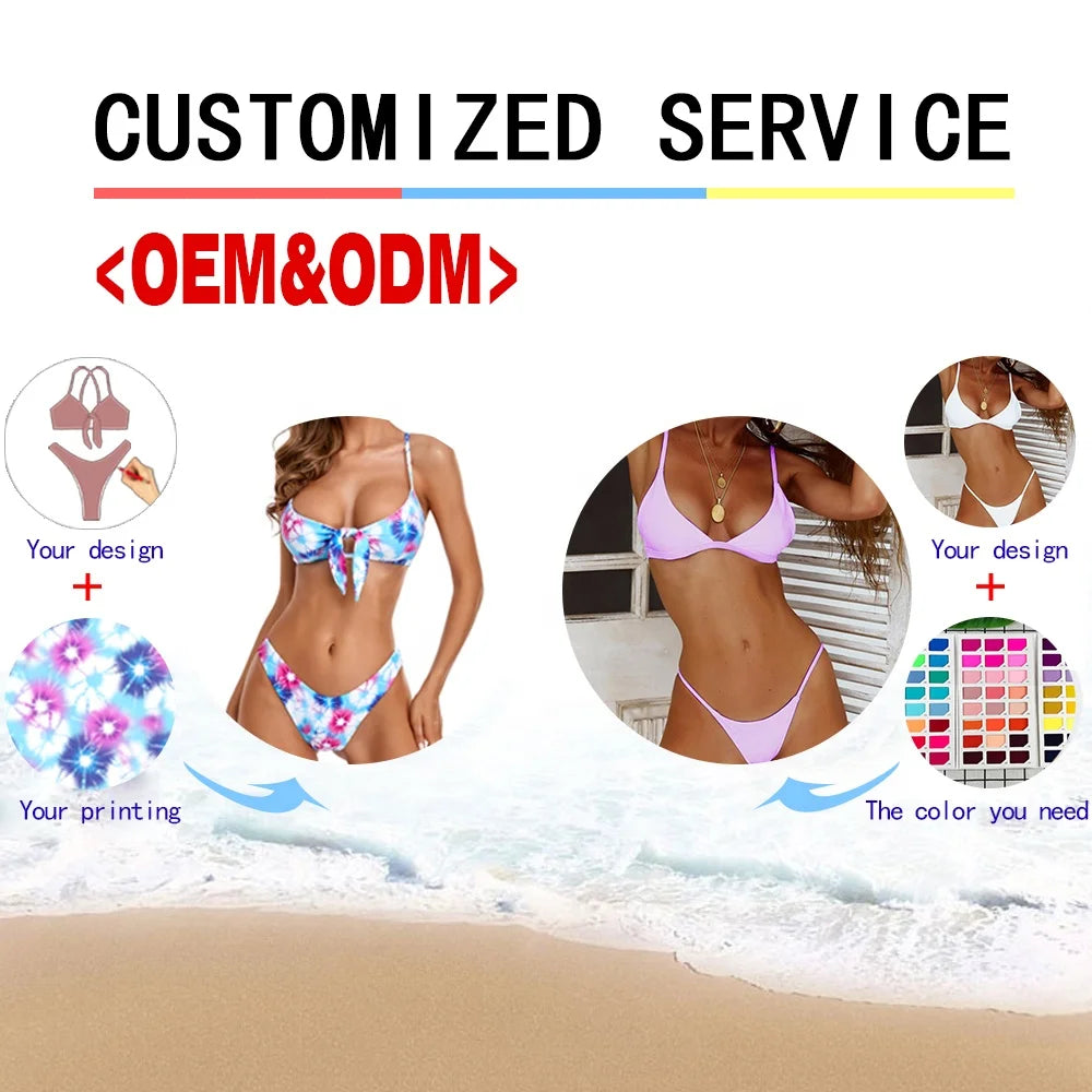 NEW Sexy Solid Prints Halter Lace Contrast Binding Cover up Two Piece Set Swimwear Custom Women Swimsuit Beach Skirt