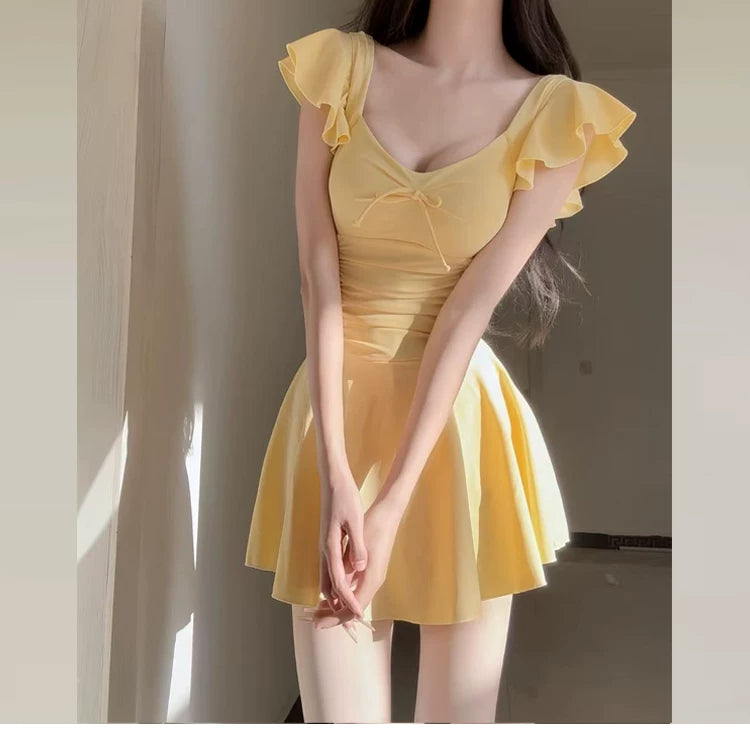 Women's Swimsuit Skirt Style One-Piece Conservative Body-Covering Slimming Look Korean Style Ins Fairy Style Small Breast Push-Up Hot Spring Vacation Swimsuit