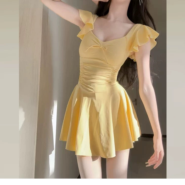 Women's Swimsuit Skirt Style One-Piece Conservative Body-Covering Slimming Look Korean Style Ins Fairy Style Small Breast Push-Up Hot Spring Vacation Swimsuit